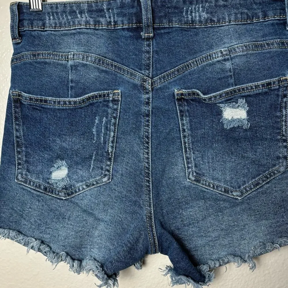ARIYA Shorts Women's 11/30 Curvy High Rise Distressed Cut Offs Med Blue